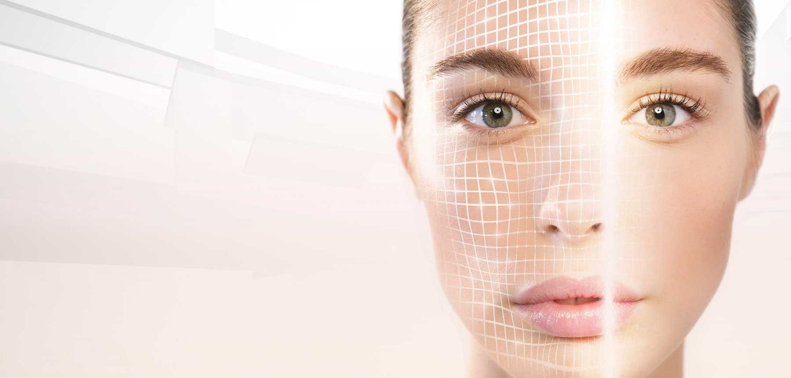 Woman receiving an in-home facial diagnostic with a skin-analysis mesh overlay